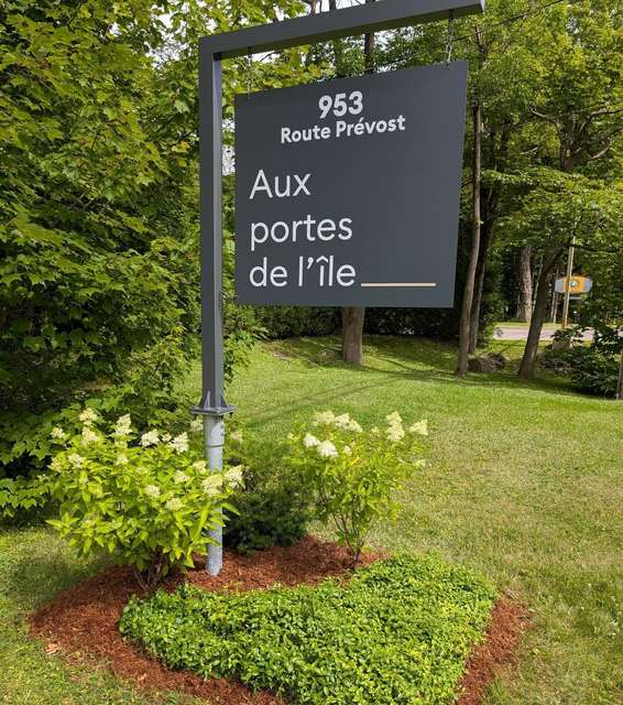 Aménagement d'hydrangées autour d'une enseigne commerciale